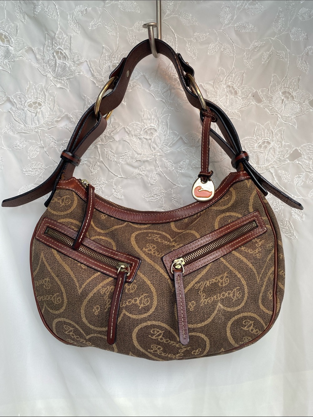 Dooney & Bourke Adored Hearts Brown Signature Crescent Shoulder Bag
